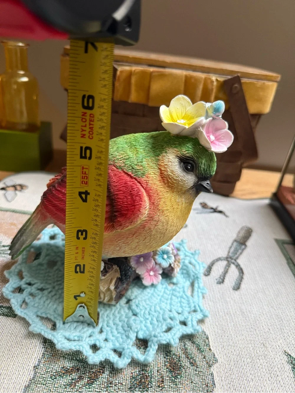Colorful Decorative Bird Figurine with Pastel Floral Accents -Green, Red, Yellow